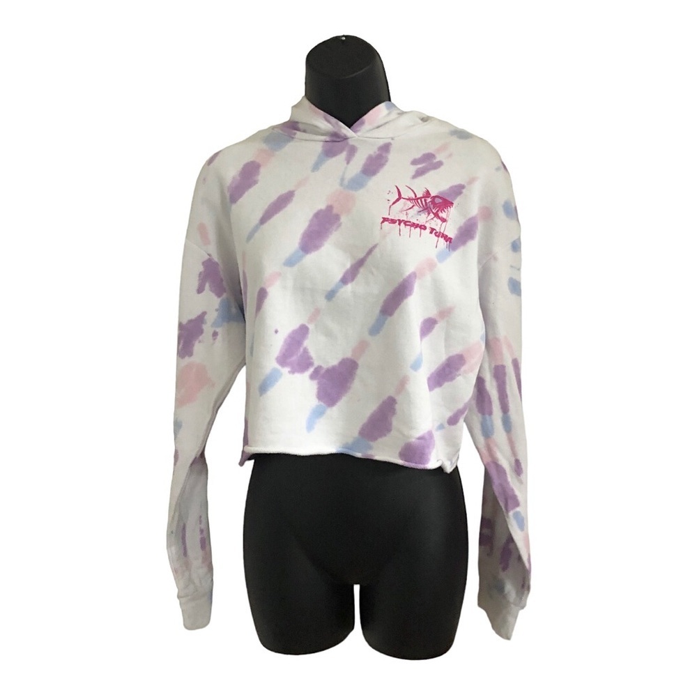 Psycho Tuna white cropped graphic print purple swirl tie dye hoodie size Small